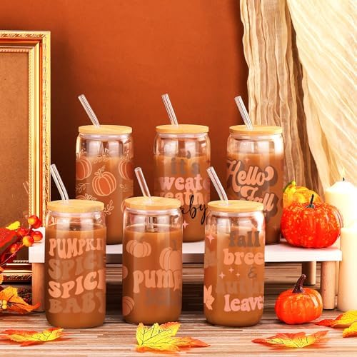 6 Pcs Fall Glass Cups, 16 oz with Lids and Straws