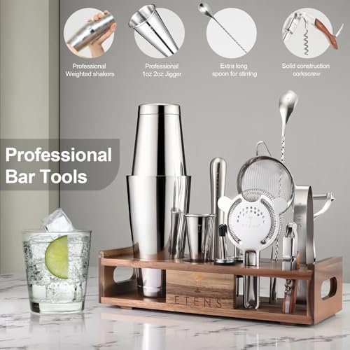 Premium 15-Piece Mixology Bartender Kit – Stainless Steel Cocktail Shaker Set with Wooden Stand | Professional Boston Shaker Bar Tool Set for Home & Expert Mixologists | Luxury Cocktail Making Gift