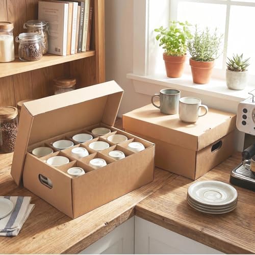 2 Pack Mug Moving Boxes, Cup Packing Boxes with Dividers, Handles & Lids