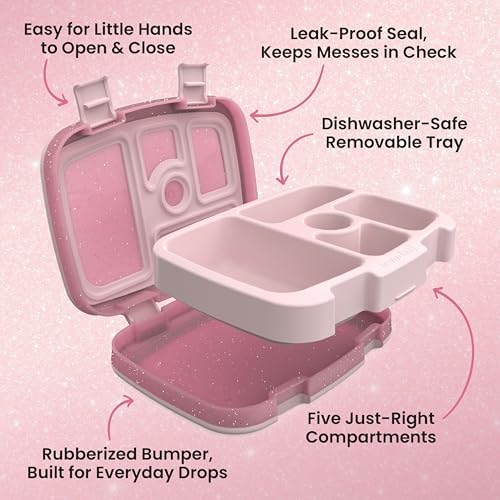 Kids Bento-Style 5-Compartment Leak-Proof Lunch Box - Just-Right Portions Ages 3-7, Durable, Drop-Proof, Dishwasher Safe, PFAS & BPA-Free & Made with Food-Safe Materials (Petal Pink Glitter)
