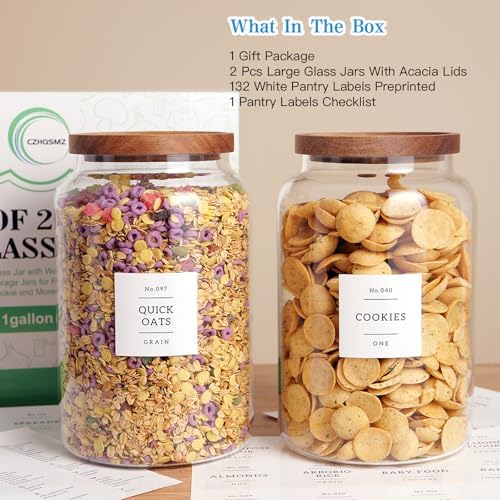 Set of 2 Large Glass Flour and Sugar Containers with 132 Pantry Labels - Glass Food Storage Jars with Airtight Bamboo Lid for Flour Pasta Candy Coffee Cookie and More(1 Gallon/4000 ml)