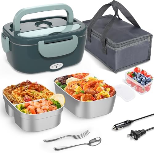 Electric Lunch Box Food Heater, Upgrade 100W High Power Portable Food Warmer, Heated Lunch Box for Adults Car/Home with 2 Removable Stainless Steel Container, 12V/24V/110V/220V