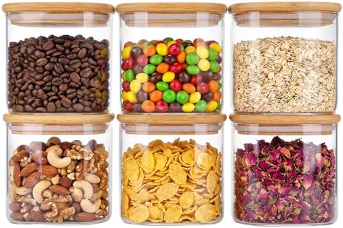 6pcs Glass Food Storage Containers with Bamboo Lids, 0.6qt Glass Jars