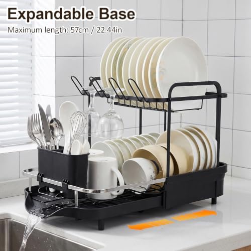 Expandable Dish Rack for Kitchen Counter, 2-Tier Dish Racks, Detachable Large Capacity Dish Drainer Organizer with Auto Drain, Stainless Steel Dish Drainer with Cup & Utensil Holders