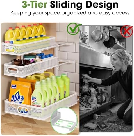 Under Sink Organizer 3 Tier, 2 Pack L-Shaped Pull-Out Cabinet Organizer with Sliding Metal Mesh Drawers, Height Adjustable Under Sink Storage Rack for Kitchen Bathroom Cabinet, White