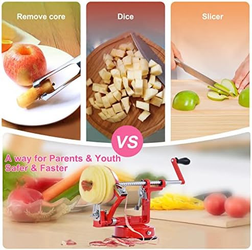 Apple Peeler, Slicer Corer Potato Peelers 3 In 1, Stainless Steel Heavy Duty with Suction Cup Base And 3 Extra Blades (Red)