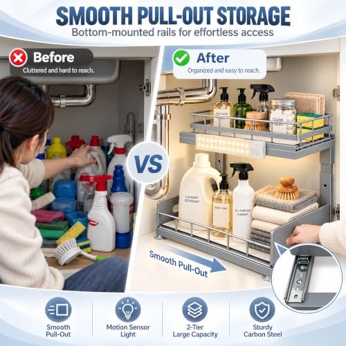 Under Sink Organizer with Motion Sensor LED, Pull-Out Home Organizers