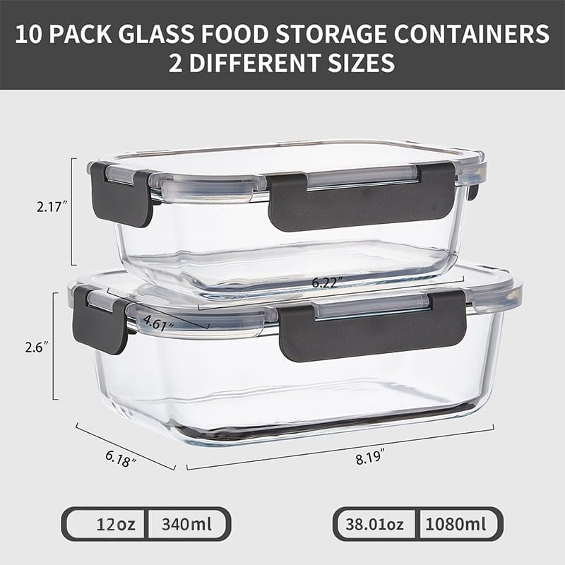 10 Pack 38 oz & 12 oz Glass Meal Prep Containers,Glass Food Storage Containers with Lids,Reusable Airtight Leakproof Glass Lunch Bento Boxes Freezer,Microwave Oven and Dishwasher,Gray