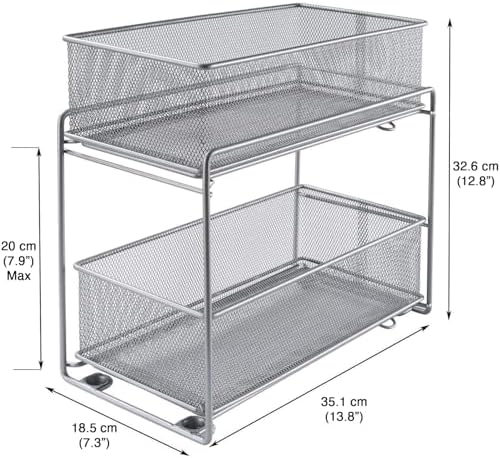 2 Tier Sliding Basket Stackable Cabinet Pull-Out Drawer Mesh Organizer for Kitchen Under Sink Storage (Silver)