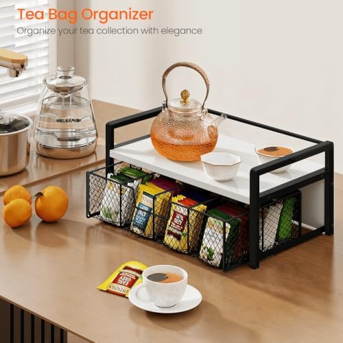 Tea Bag Organizer, Wood Tea Bag Holder with Storage Drawer, white