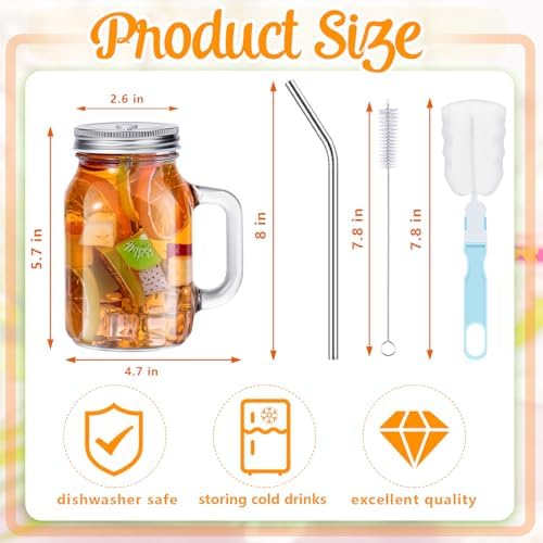 4 Pack Mason Jars Cups with Lids and Straws, 20 oz Mason Jars with Handles