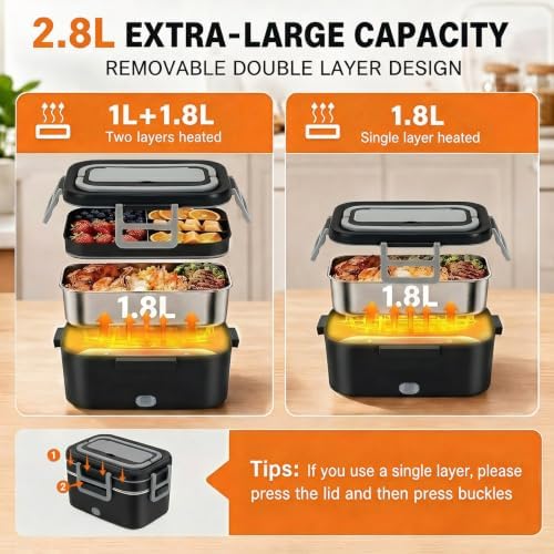 Electric Lunch Box for Adults, 2.8L Double Layer Heated Lunch Box