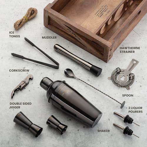 Rustic Cocktail Shaker Set – Includes Wood Stand, Complete Barware Kit with 24 Oz Shaker, Dual Jiggers, Pourers, Muddler, Strainer – Perfect for Home Bartenders (Gun-Metal Black)