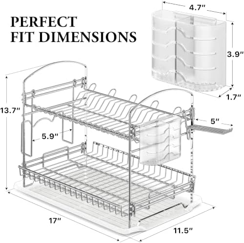 2-Tier Stainless Steel Dish Rack with Drainboard, Chrome