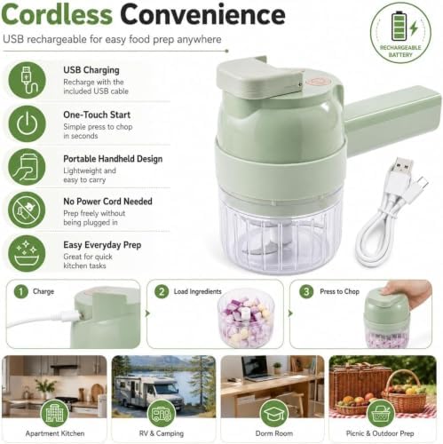 5-in-1 Handheld Wireless Electric Vegetable Chopper,Multi-Function Food Processor Multi-function for Chopping, Slicing, Grating and Whisking Garlic, Vegetables, Fruit, Eggs and Salad Prep (White) - Image 4