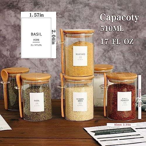 6 Pcs Glass Jar with Bamboo Lid and Spoon - 17 oz Large Sugar Container with 148 Kitchen Pantry Spice Jar Labels Preprinted - Glass Containers with Wooden Lids Hold Coffee, Tea, Candy