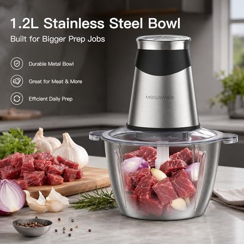 Food Processor, 800W Electric Meat Grinder with 0.6L Glass Bowl & 1.2L Stainless Steel Bowl, Dual Speed Modes and Bi-Level BladesBlades for Meat, Vegetables, Nuts, Fruits, and Baby Food
