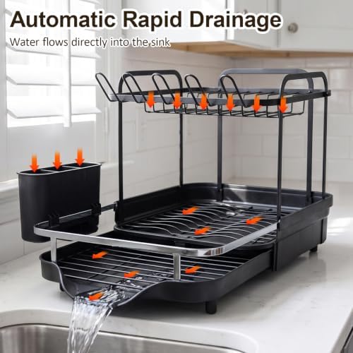 Expandable Dish Rack for Kitchen Counter, 2-Tier Dish Racks, Detachable Large Capacity Dish Drainer Organizer with Auto Drain, Stainless Steel Dish Drainer with Cup & Utensil Holders