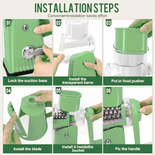 Rotary Cheese Grater with 5 Well-designed Blades & Strong Suction Base, Kitchen Mandoline Vegetable Slicer with Blade Storage Box (GREEN)