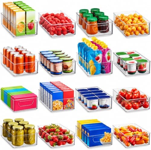 Set Of 16 Refrigerator Organizer Bins - Plastic Pantry Organization and Storage Baskets - Stackable Food Fridge Organizers with Cutout Handles for Freezer, Kitchen, Countertops, Cabinets