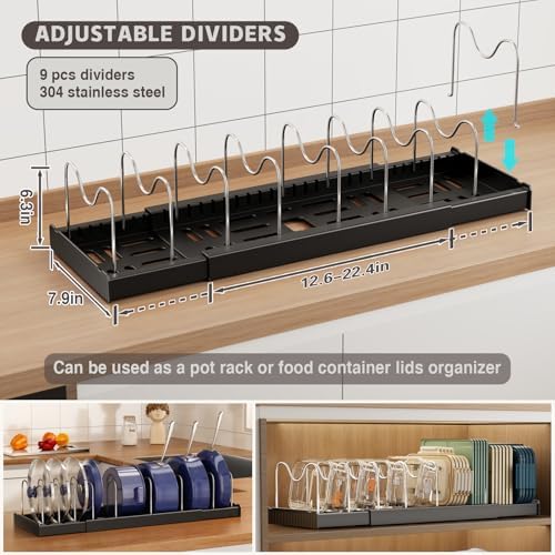 2 Pack Expandable Food Storage Container Lid Organizers, 22" Pots and Pans Organizer Under Cabinet with 9 Adjustable Dividers Pot and Pan Lid Holders Rack Inside Cabinet(Black)