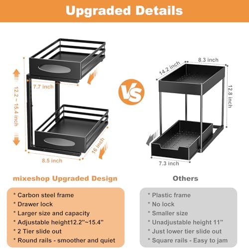 Under Sink Organizer, 2 Tier Under Sink Organizers and Storage, Adjustable Height, Slide out Metal Cabinet Organizers, Pull out Cabinet Storage Drawer Shelf for Kitchen Bathroom (Black, 1 Pack)