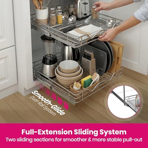 2-Tier Pull-Out Cabinet Organizer for Kitchen, 15" W x 21”D x 16.5" H