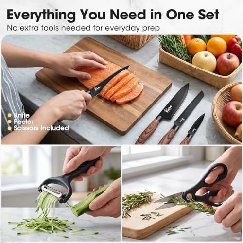 Knife Set, Kitchen Knife Set with Block, 7 Pcs Kitchen Knife Set with 3-in-1 Peeler, Knife Block Set Compact Stainless Steel Knives with Wood Grain Finish Handles, Space Saving Kitchen Essentials