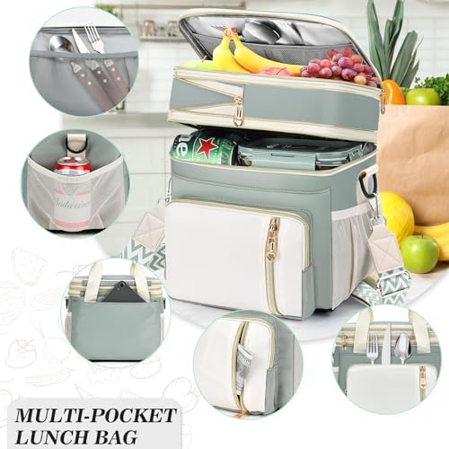 Lunch Box & Lunch Bag for Women Men Double Deck,Large Insulated Adult Lunch Box Leakproof Lunchbox Cooler Bag for Work Picnic Beach,（Olive Green16L）