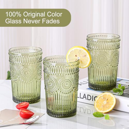 Drinking Glasses Set of 6,13oz Flower Design Green Glass Cups