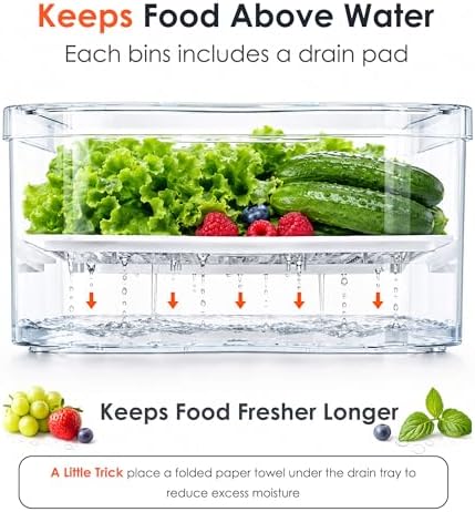 Clear Fridge Bins with Drain Trays - BPA-Free PET, Stackable(6 Pack)