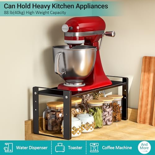 2 Pack Expandable Cabinet Organizer Shelves, 88lbs High Weight Capacity, Stackable Heavy-Duty Metal Storage Rack, Adjustable Cabinet Shelf for Kitchen, Pantry, Cupboard, Under Sink, Black