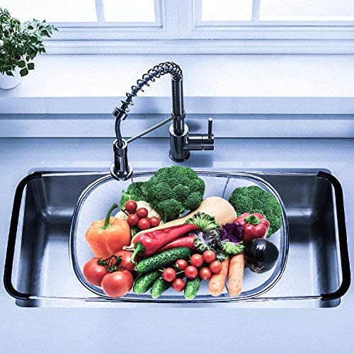 Over the Sink Colander with Expandable Rubber Grip Handles - Fine Mesh Oval Strainer in Stainless Steel -Drain, Rinse Fruits and Vegetables