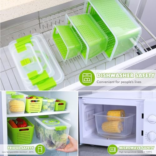 Produce containers for fridge,3 Set Fruit Containers with Removable Colander, BPA-Free Produce Saver Containers with Lids Dishwasher&Microwave Safe Keep Fruits, Vegetables, Berry, Fresh Longer