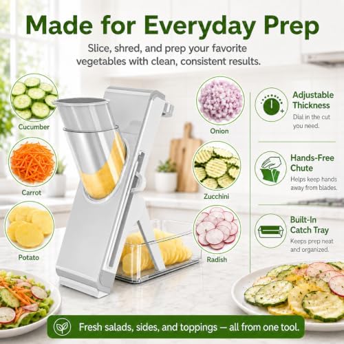 Safe Mandoline Slicer for Kitchen, Vegetable Slicer with Container, French Fry Cutter, All in 1 Julienne Slicer for Potato, Thickness Adjustable, Detachable Blade (Gray) - Image 2