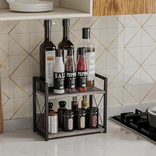 Countertop Shelf Organizer, 2 Tier Kitchen Spice Rack for Countertop, Wood Kitchen Counter Shelf for Home, Coffee Station Organizer (Grey,S)