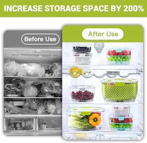 Fresh Produce Vegetable Fruit Storage Containers 3Piece Set, BPA-free Fridge Storage Container, Partitioned Salad Container, Fridge Organizers, Used in Storing Fruits Vegetables, Green