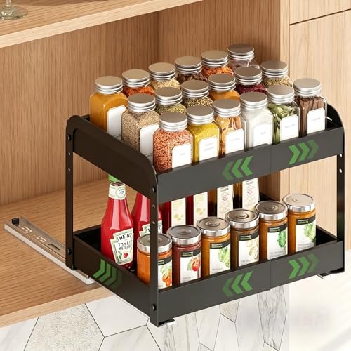 Expandable Pull Out Drawers For Shallow Cabinets, 2-Tier Slide Out No Drill Adhesive Kitchen Cabinet Organzier, Adjustable Roll Out Sliding Shelf For Short Upper Cabinet Pantry