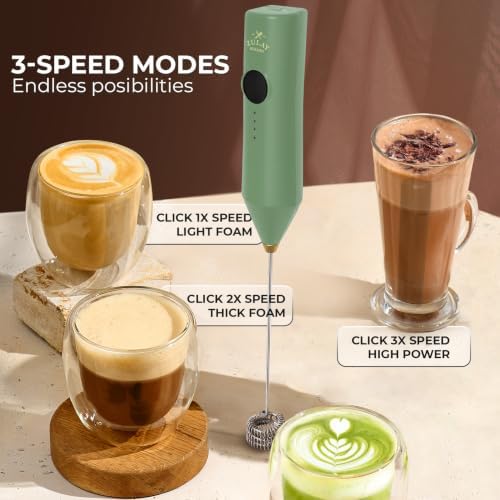 Zulay Kitchen Rechargeable Milk Frother Handheld - Frother Wand, Drink Mixer, Electric Whisk Frother, for Cappuccinos, Matcha & Protein Powder - Dynamic Triple Whisk, 3 Speed 500mAh Forrest Green Gold - Image 5