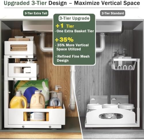 3-Tier Pull Out Under Sink Organizer,2-Pack Heavy Duty Metal Cabinet Organizer Shelf with Suction Cups,5-Level Adjustable Height,L-Shaped Storage Drawer Rack for Kitchen,Bathroom,Laundry,Pantry-White