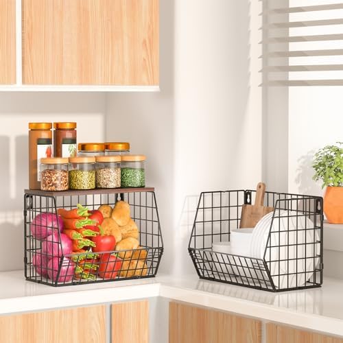 Fruit Basket for Kitchen Counter 2 Tier Fruit Bowl, Stackable Wall Mounted Hanging Fruit Basket Wire Baskets with Wood Lid with 4 Banana Hanger Hooks, Onion Basket, Fruit and Vegetable Storage