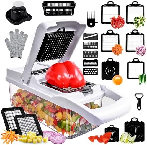 Vegetable Chopper,25 in 1 Multifunctional Food Chopper with Container,Kitchen Vegetable Slicer Dicer Cutter,Veggie Chopper Fruit Salad Potato,13 Blade Stainles Steel Blades（White） by OLRMA