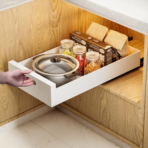 1 Pack | 21" Deep Pull Out Cabinet Organizer Adhesive, 10-Inch Wide Sturdy Carbon Steel Roll-Out Drawers, Designed for Frameless Cabinets, Slide-Out Shelves for Pantry.
