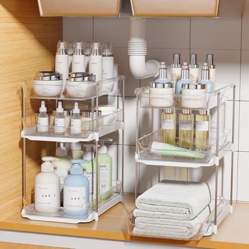 2 Sets of 3-Tier Bathroom Under Sink Organizers and Storage, Multi-Purpose Stackable Pantry Organization and Storage, Pull Out Clear Kitchen Bathroom Cabinet Organizer with Movable Dividers