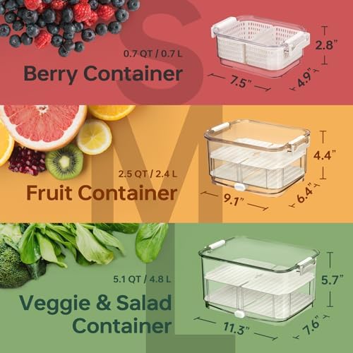 Duo Fresh Produce Saver for Fridge, Fruit Vegetable Container with Vent & Drainage in Bottom for Wash, Colander Strainer Storage Bin for Refrigerator, Berry Lettuce Keeper