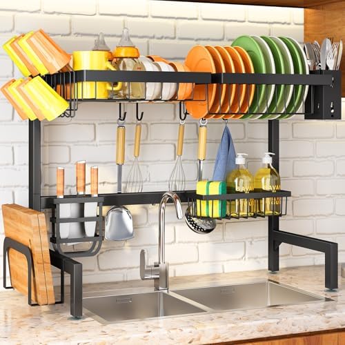 Over The Sink Large Dish Drying Rack, Metal, 26.8"-34.6", Black