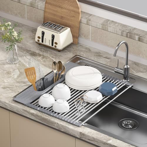 Roll Up Dish Drying Rack Over Sink, 17.5" x 15.2" Foldable SUS304 Stainless Steel Kitchen Dish Drainer, Heat-Resistant Multipurpose Rolling Sink Rack Organizer,Grey
