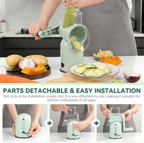 Rotary Cheese Grater 5 in 1 Green - Hand Crank Vegetable Cutter, Shredder, Slicer, Enlarge Input, Suction Base, Labor-Saving Handle, Blade Storage Box, for Onion, Potato, Vegetable, Nuts, etc