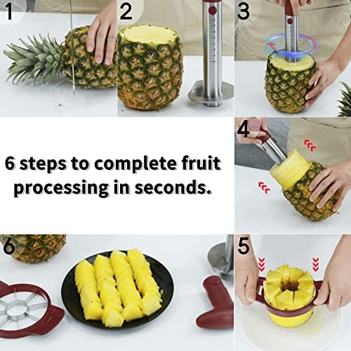 Newness Pineapple Corer and Slicer Tool, Robust Pineapple Core Remover with Upgraded Cutter & Reinforced Thicker Blade, Stainless Steel Kitchen Fruit Gadget for Diced Pineapple Rings (Red)