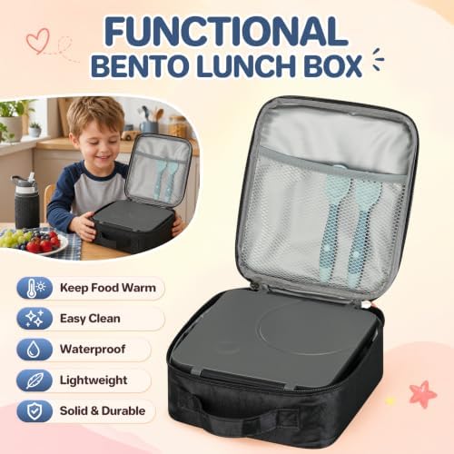 Bento Lunch Box for Kids with 8oz Soup Thermo&Lunch Bag, Leak-Proof Lunch Food Containers with 4 Compartment, Hot Food Insulated Food Jar for Kids School (Black)